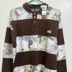 LRG Lifted Research Group Asian graphic polo ls Large brown NEW rare vintage